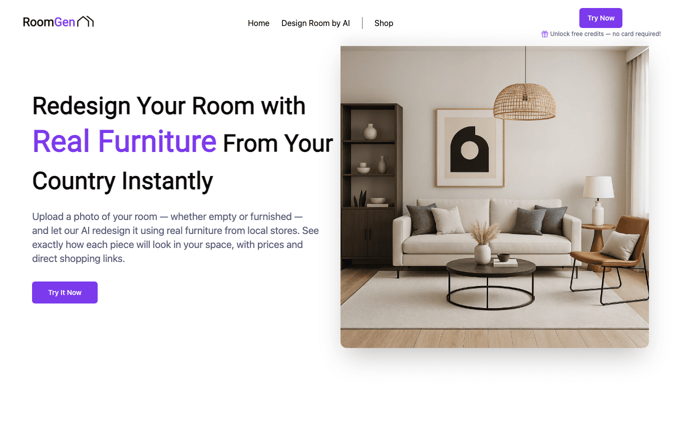 RoomGen — AI-powered web app that redesigns rooms with real, shoppable furniture from an uploaded photo.