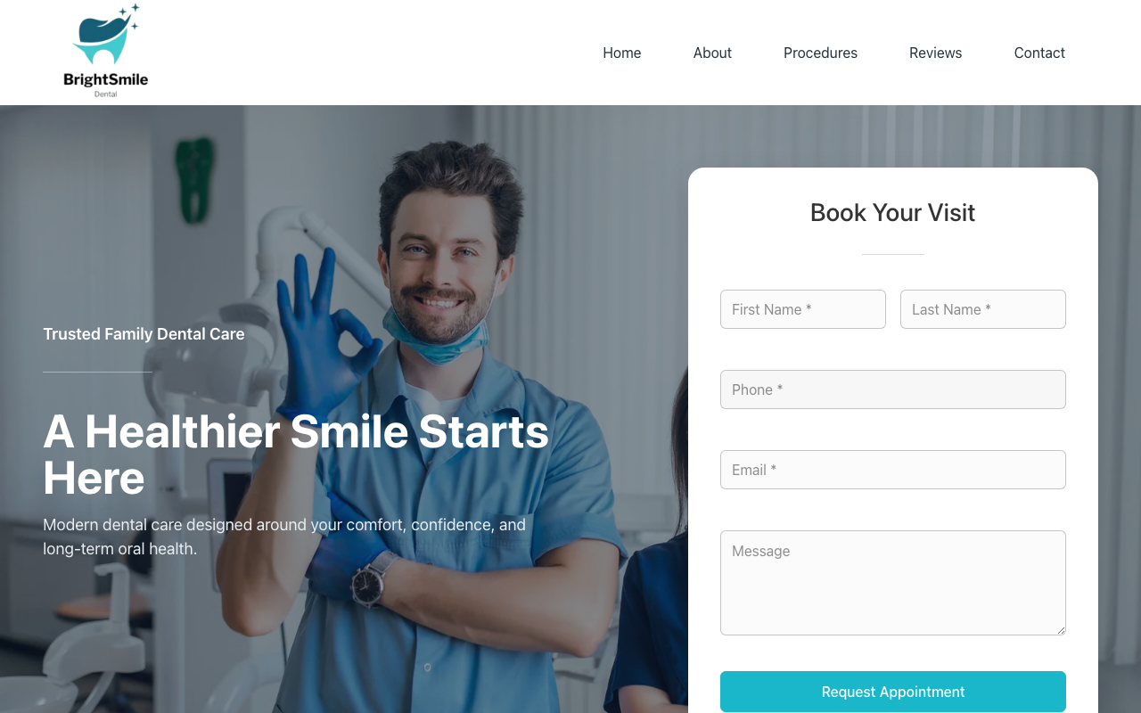 BrightSmile Dental — a clinic website built on WordPress.